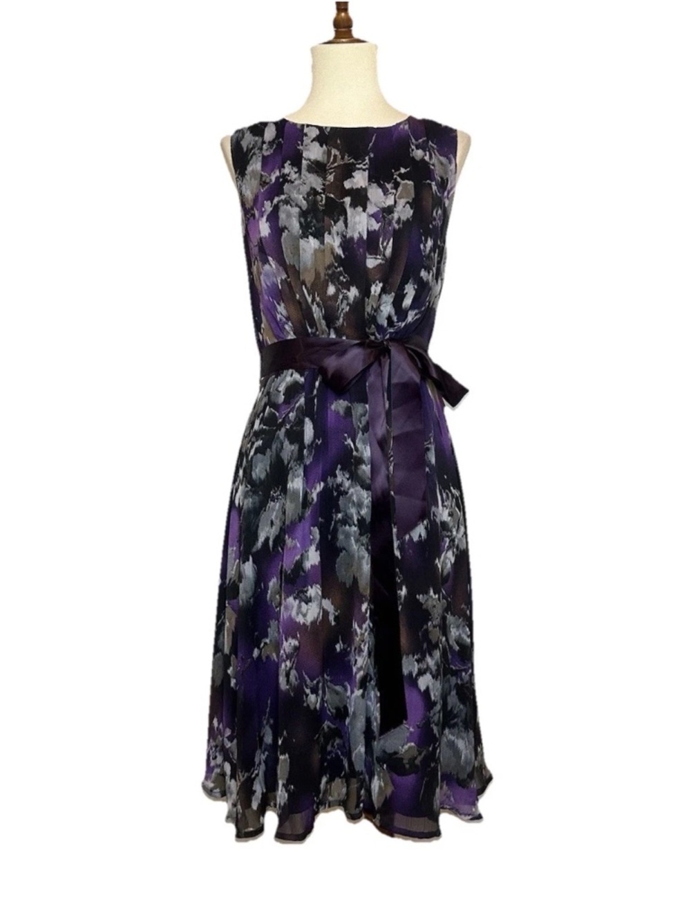 Jessica Howard Pleated Bodice Party Cocktail Dress Purple Black Tie Waist Size 8